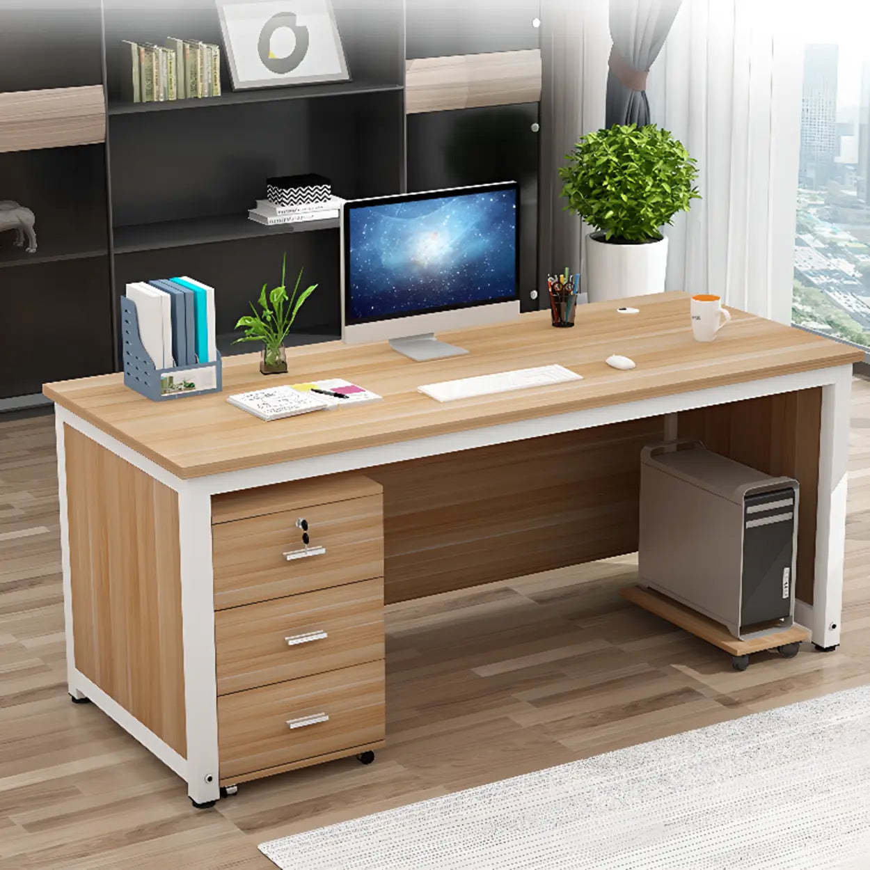 Natural Wood Drawer H-Shape Computer Desk — Without Chairs / Brown