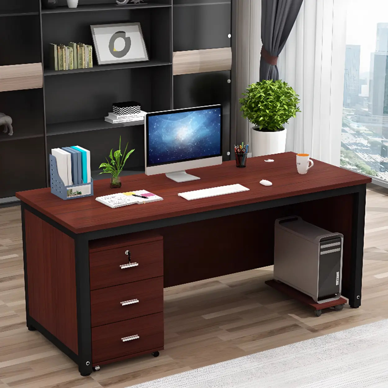 Natural Wood Drawer H-Shape Computer Desk — Without Chairs / Brown