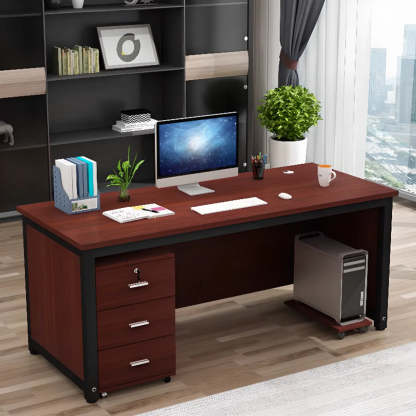 Natural Wood Drawer H-Shape Computer Desk — Without Chairs / Brown