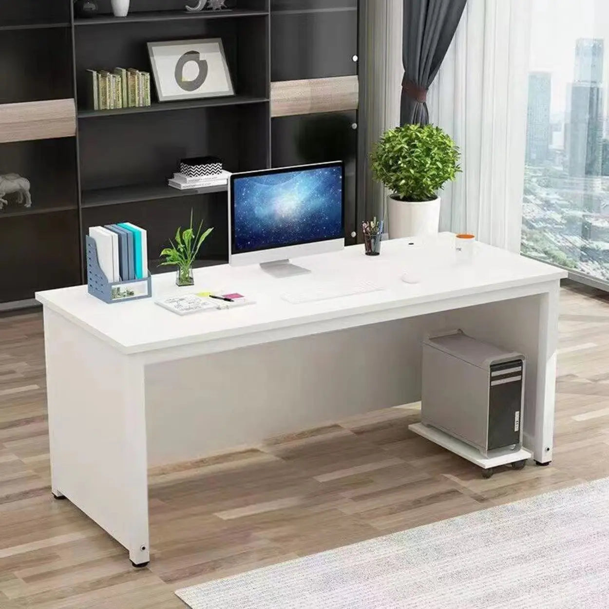 Natural Wood Drawer H-Shape Computer Desk — Without Chairs / Brown