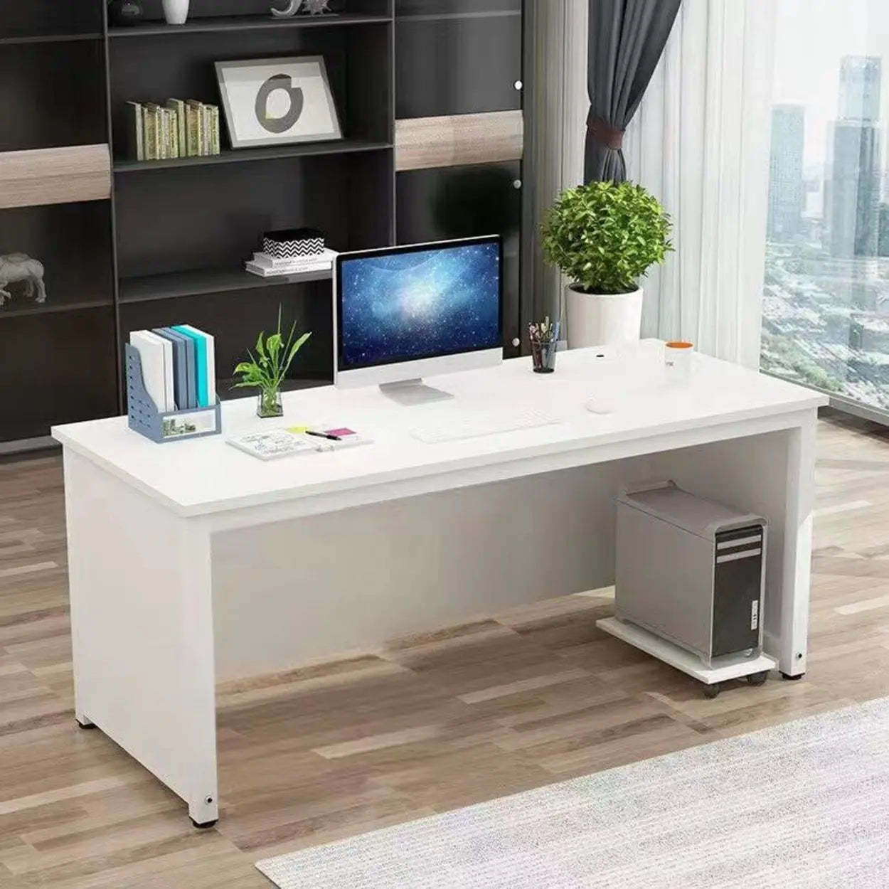 Natural Wood Drawer H-Shape Computer Desk — Without Chairs / Brown