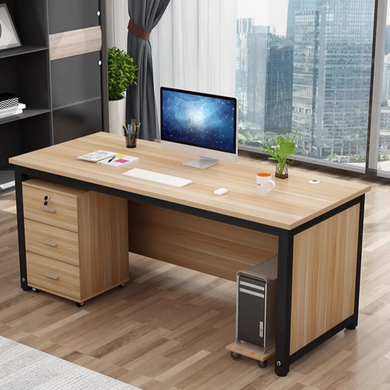 Natural Wood Drawer H-Shape Computer Desk — Without Chairs / Brown