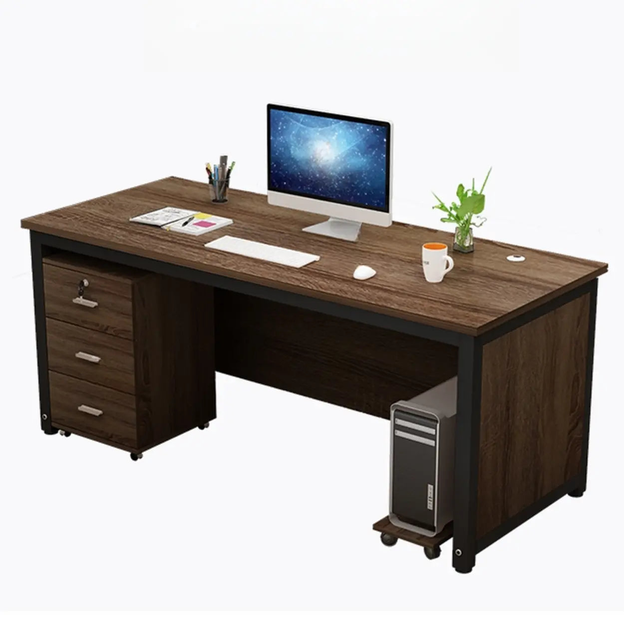 Natural Wood Drawer H-Shape Computer Desk — Without Chairs / Brown