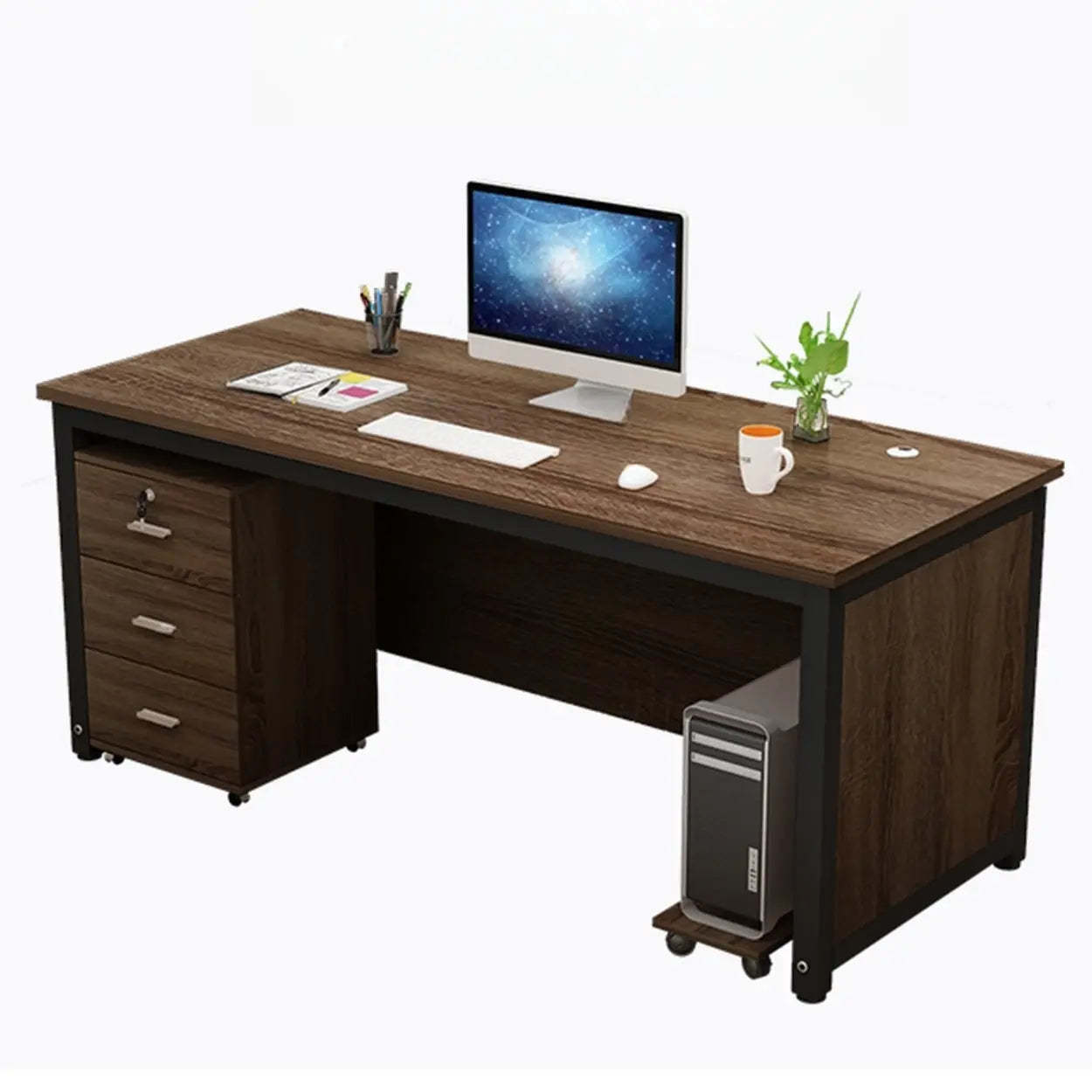 Natural Wood Drawer H-Shape Computer Desk — Without Chairs / Brown