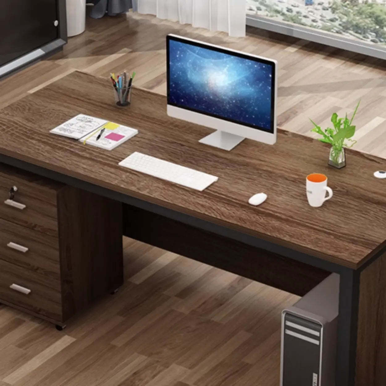 Natural Wood Drawer H-Shape Computer Desk — Without Chairs / Brown