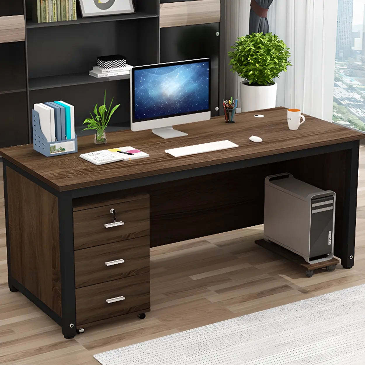 Natural Wood Drawer H-Shape Computer Desk — Without Chairs / Brown