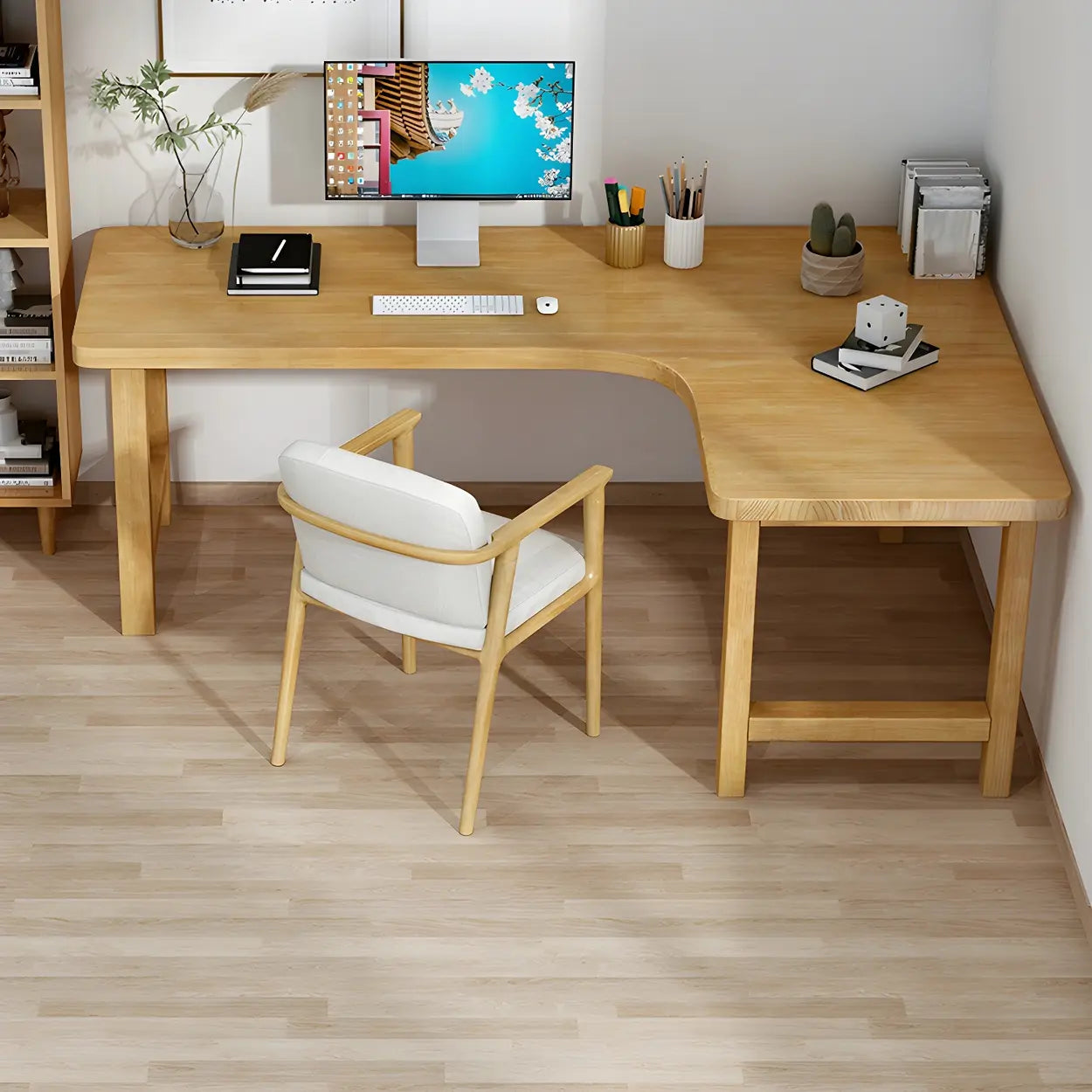 Natural Wood H-Shape L-Shaped Writing Desk