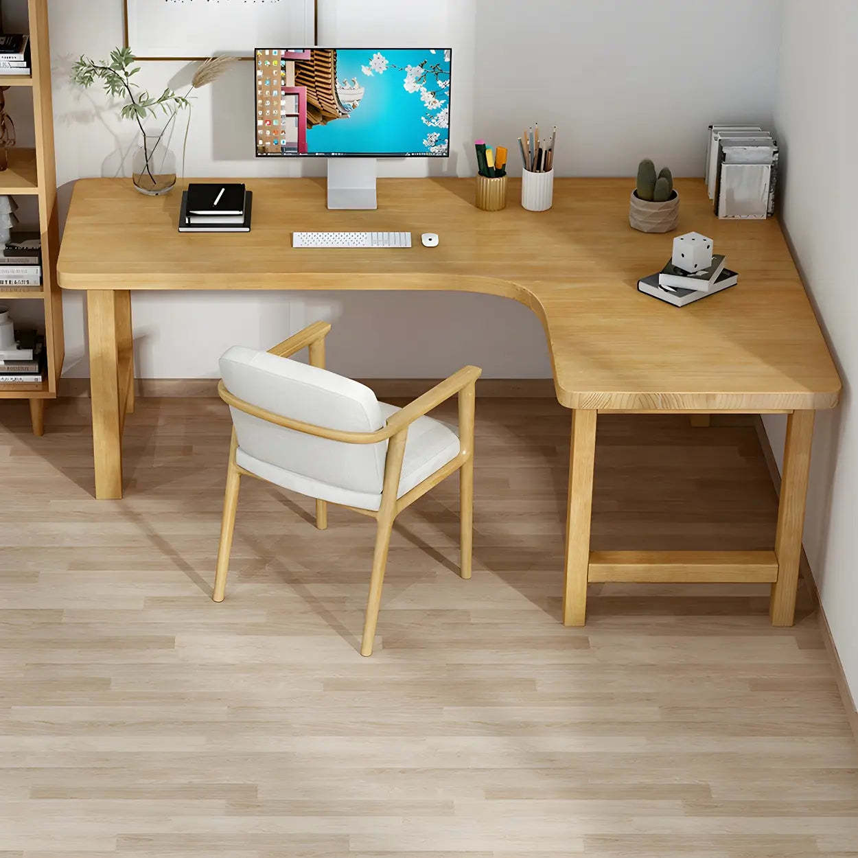 Natural Wood H-Shape L-Shaped Writing Desk — Left / Table Only