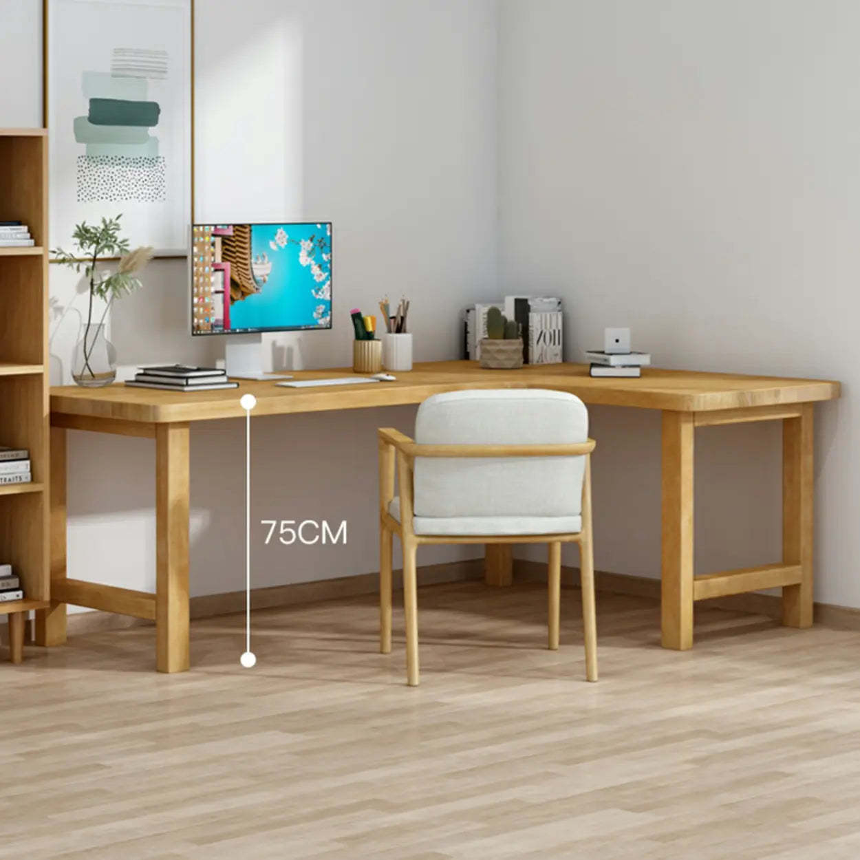 Natural Wood H-Shape L-Shaped Writing Desk — Left / Table Only