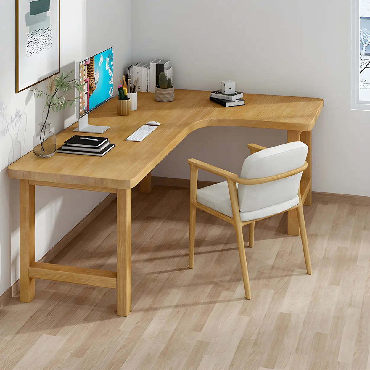 Natural Wood H-Shape L-Shaped Writing Desk — Right / Table Only