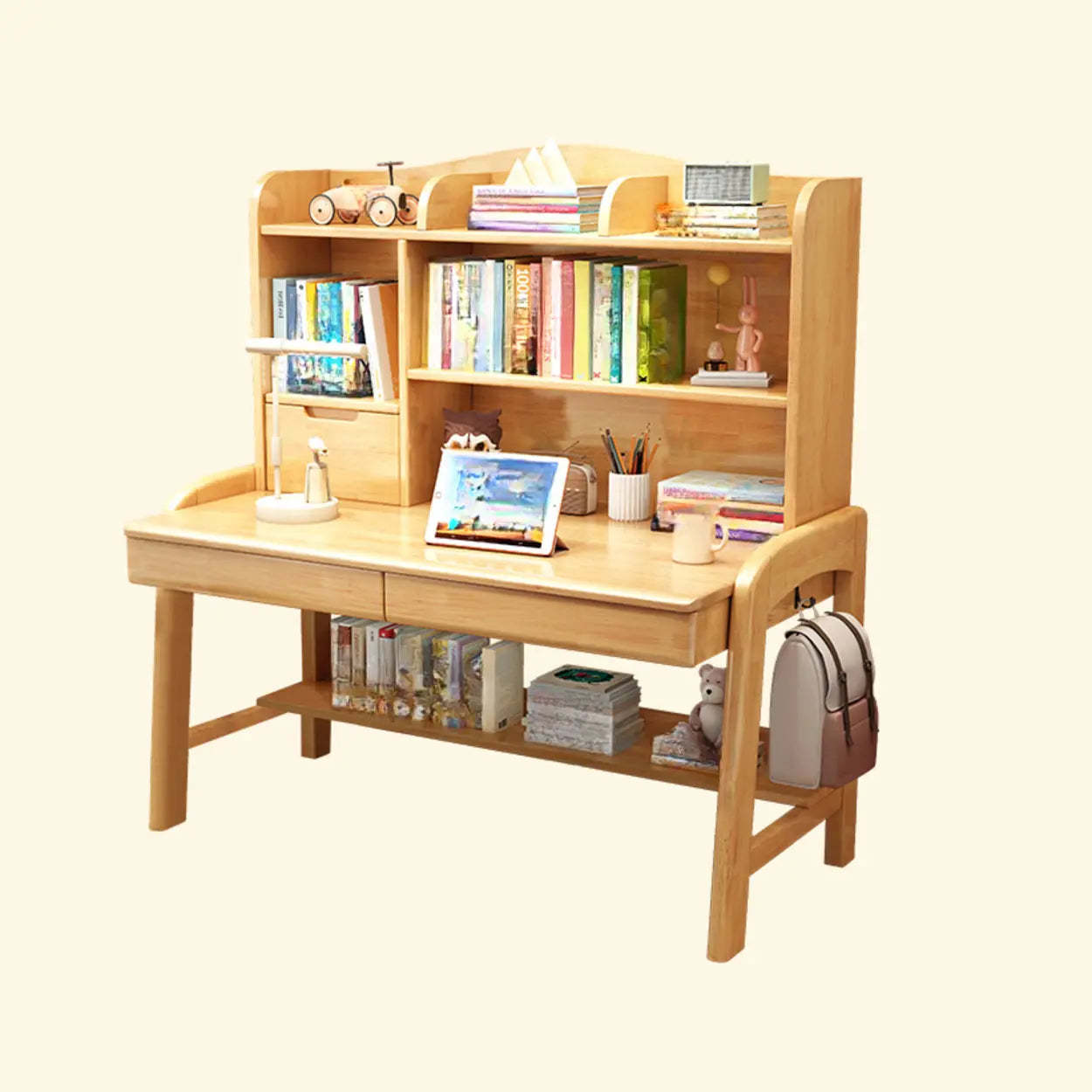 Natural Wood Writing Desk with Hutch Drawer and Shelf — White / Table Only