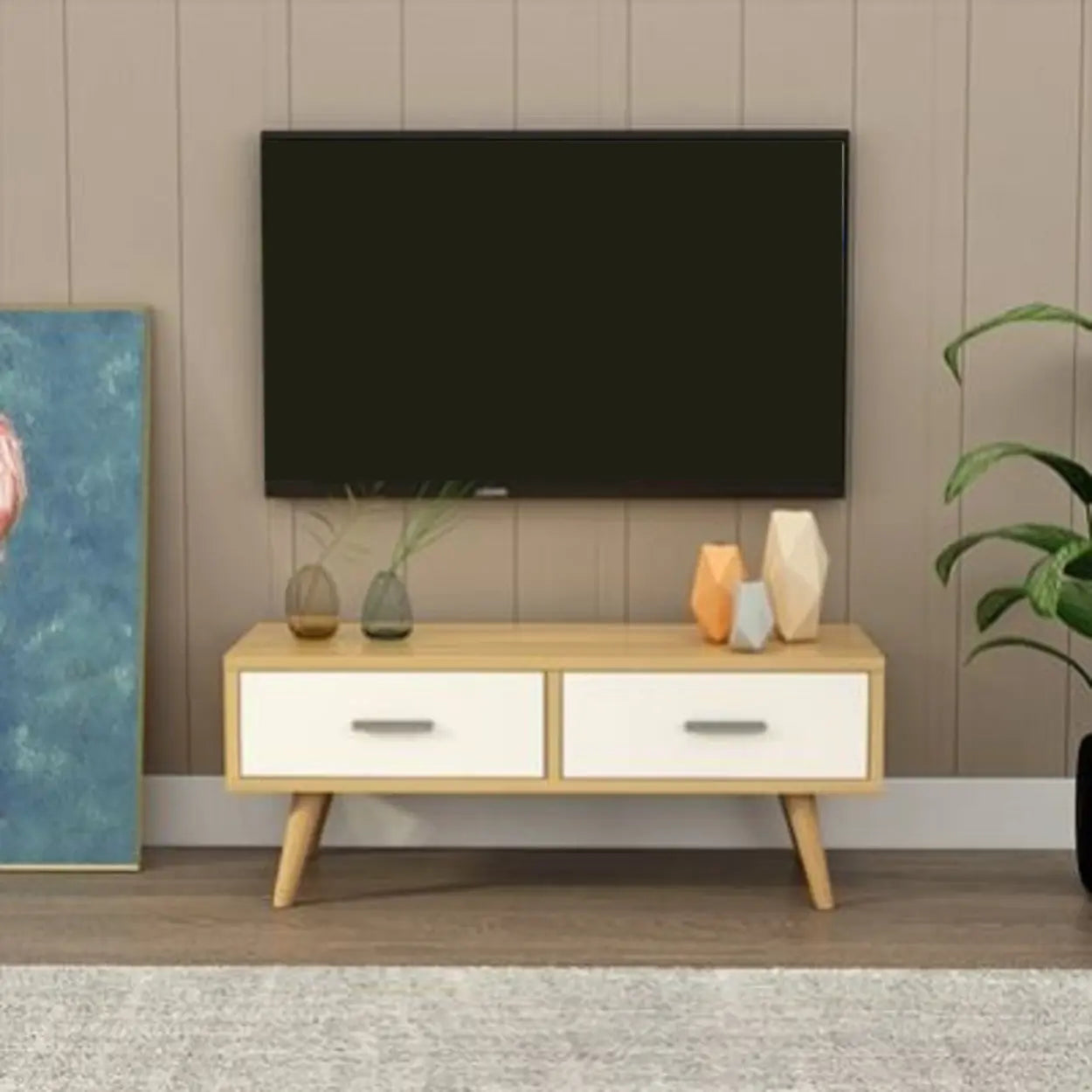 Natural Wood Rectangular 2-Drawer TV Stand