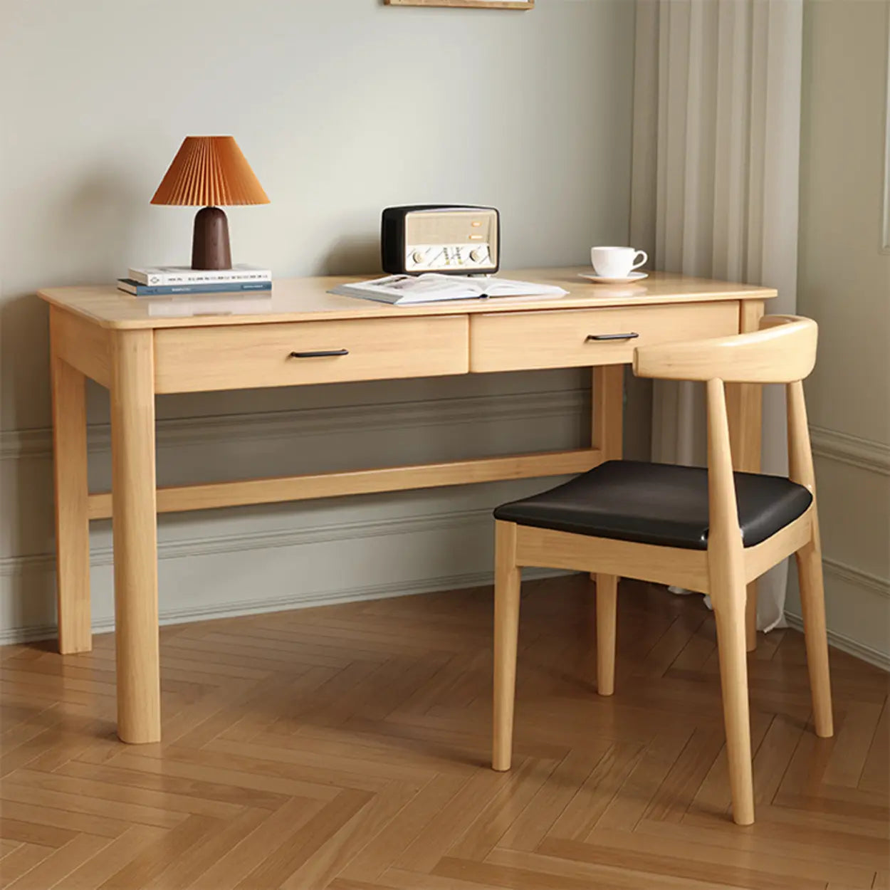 Natural Wood Computer Desk with Drawers — Grey / Without Chairs