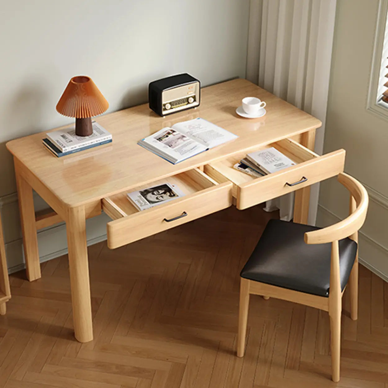 Natural Wood Computer Desk with Drawers