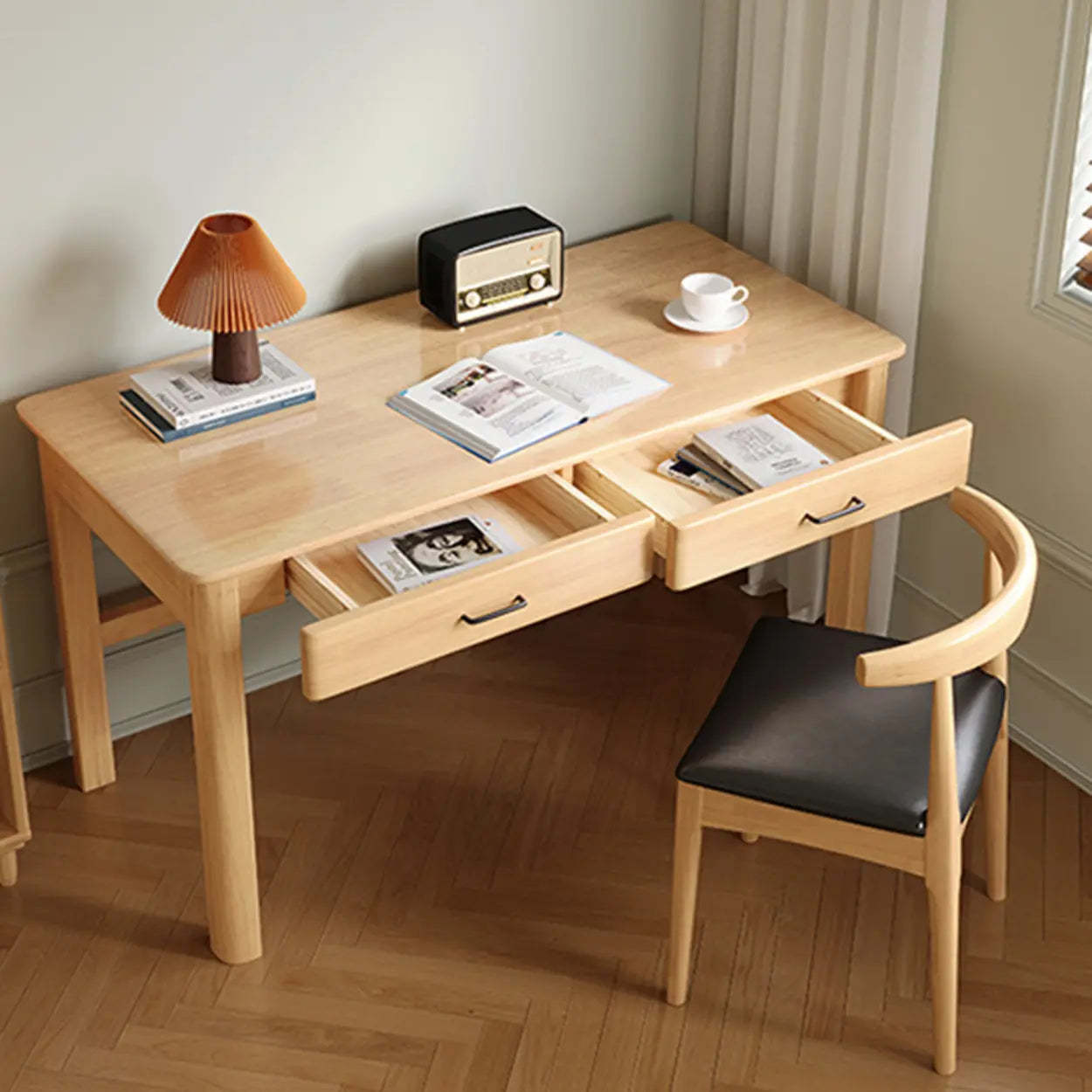 Natural Wood Computer Desk with Drawers