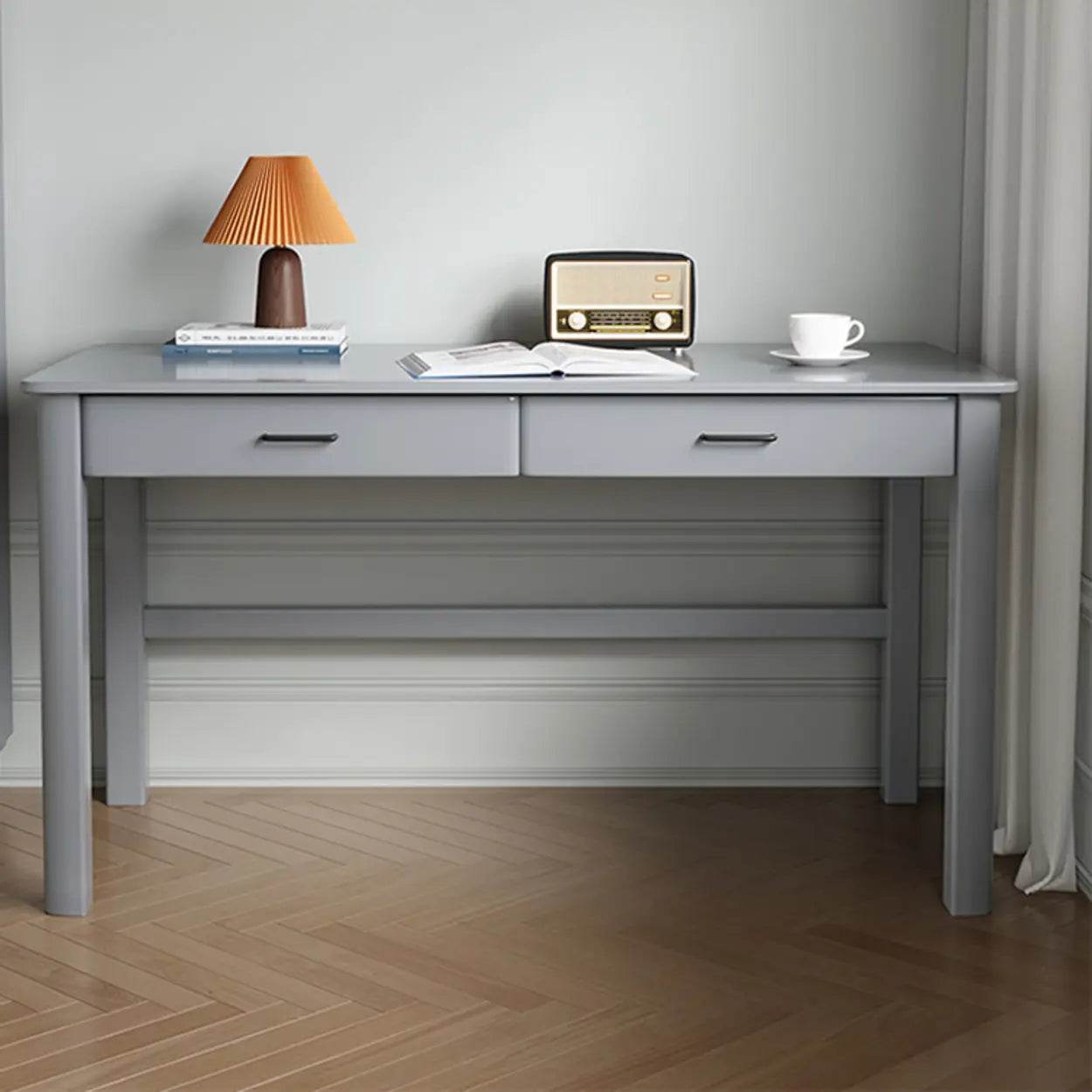 Natural Wood Computer Desk with Drawers — Grey / Without Chairs