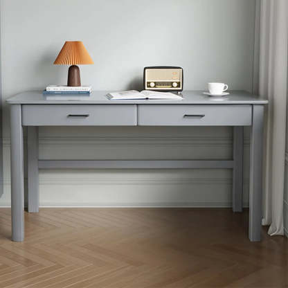Natural Wood Computer Desk with Drawers — Grey / Without Chairs
