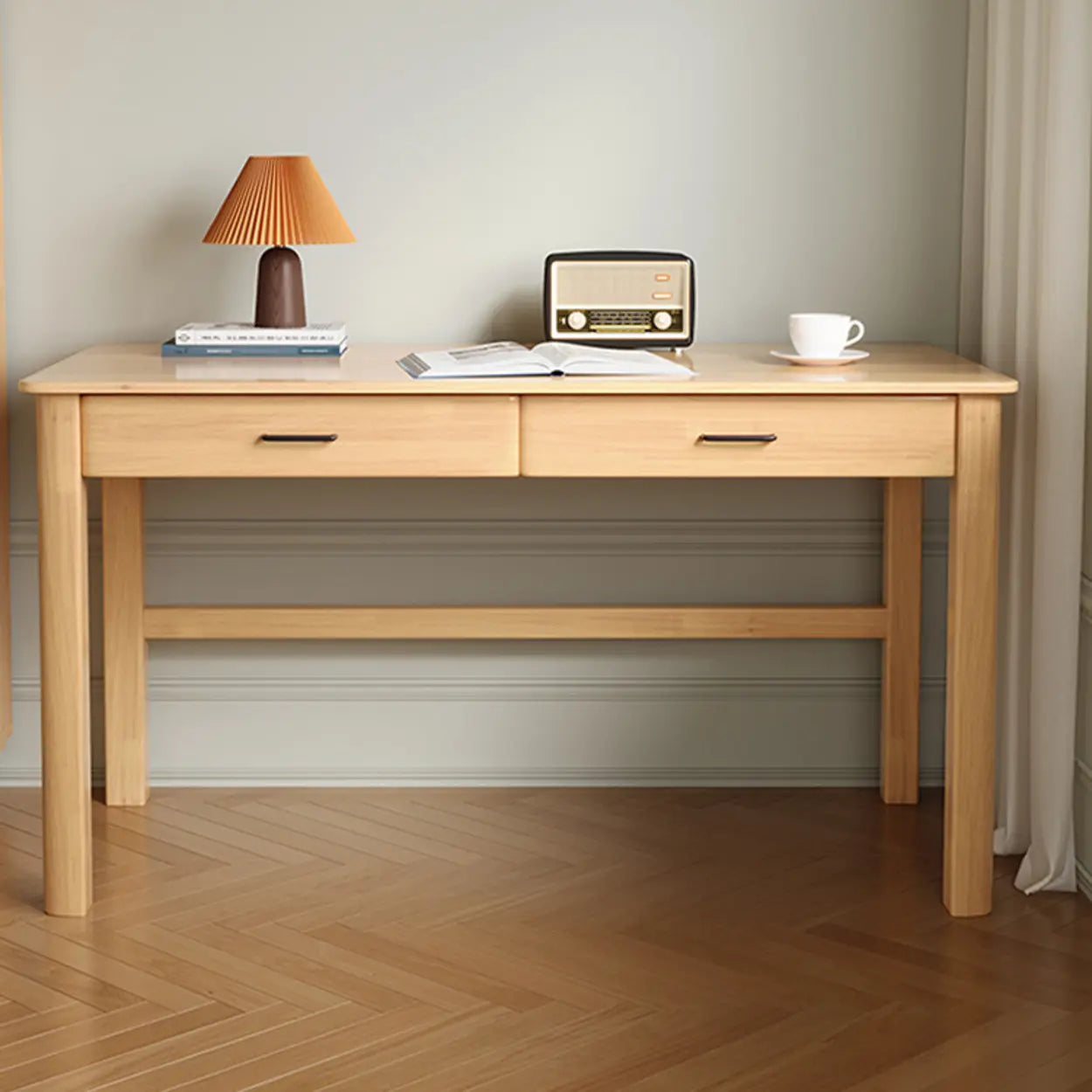 Natural Wood Computer Desk with Drawers — Grey / Without Chairs