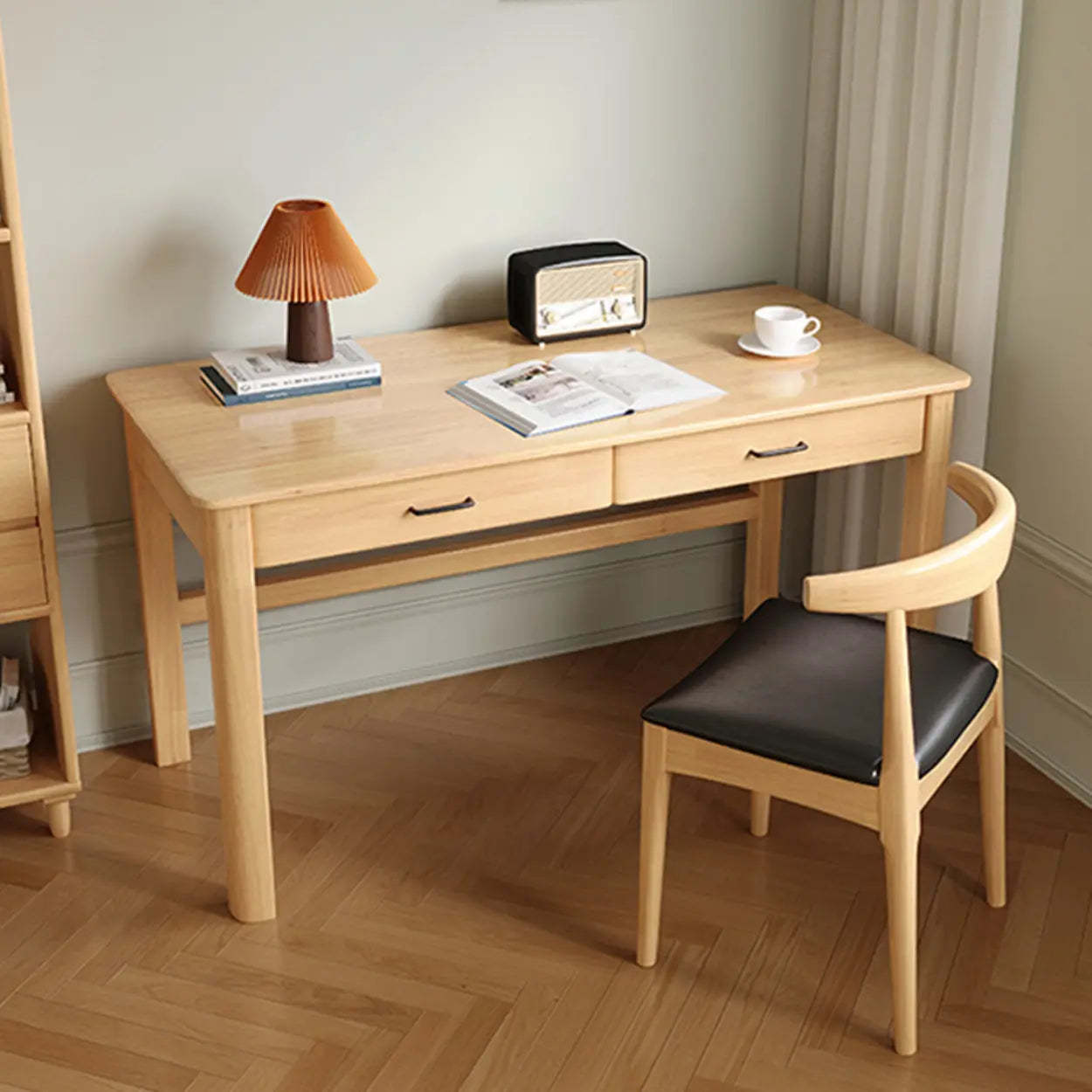 Natural Wood Computer Desk with Drawers — Grey / Without Chairs