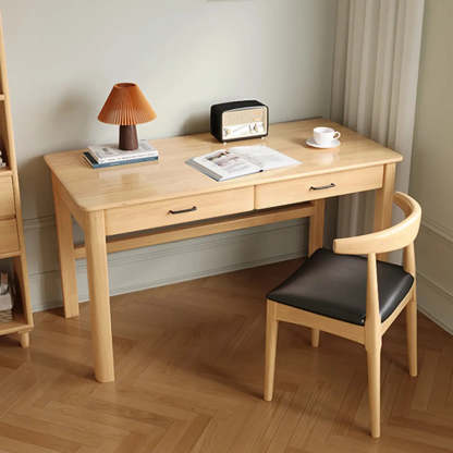 Natural Wood Computer Desk with Drawers — Grey / Without Chairs