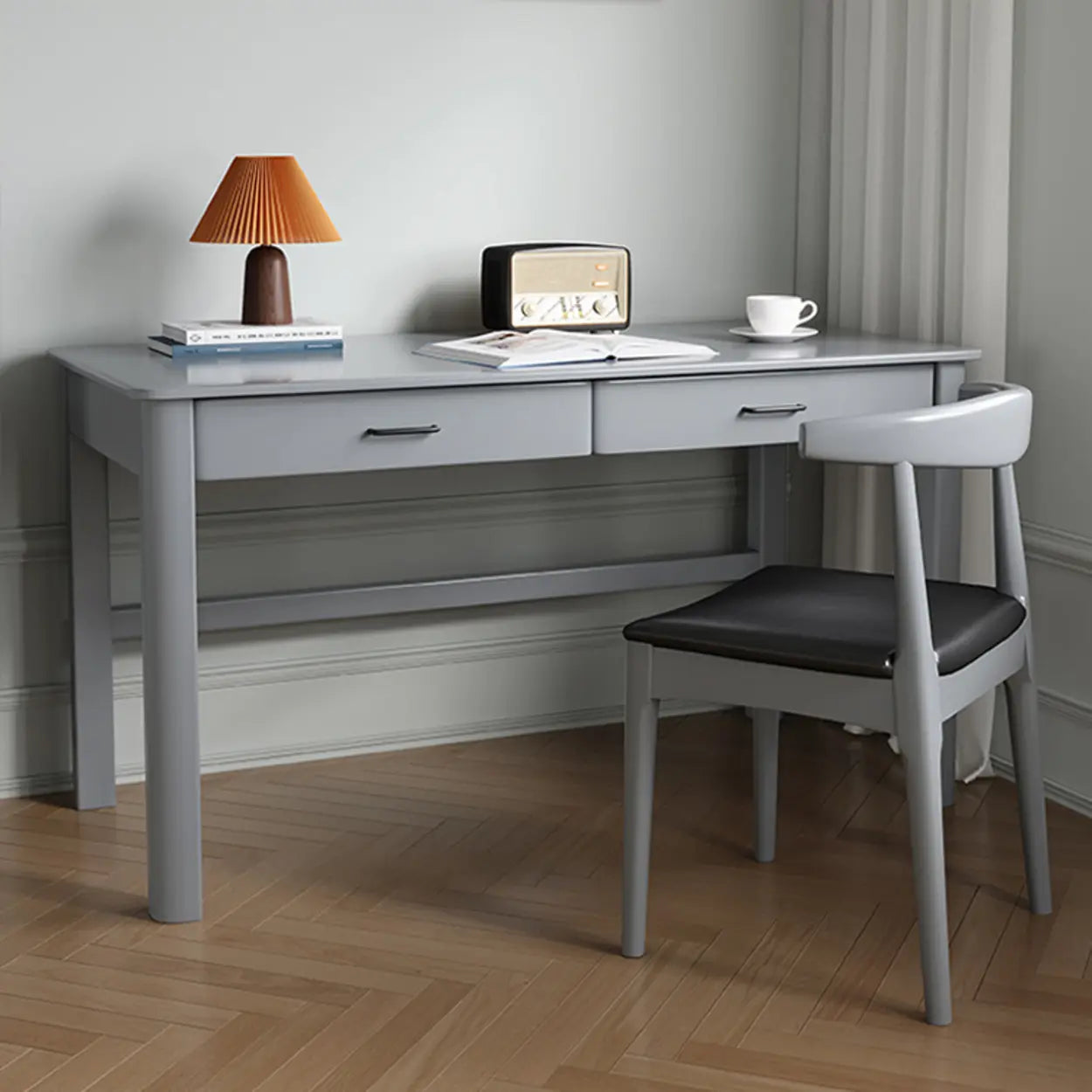 Natural Wood Computer Desk with Drawers — Natural Finish / Without Chairs