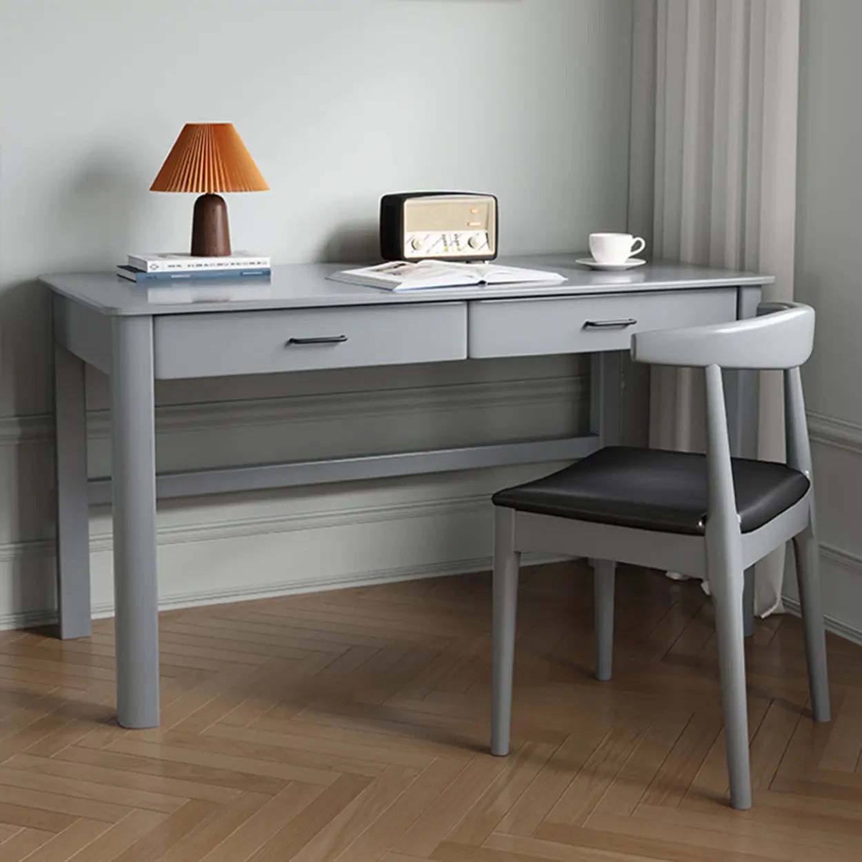 Natural Wood Computer Desk with Drawers — Natural Finish / Without Chairs