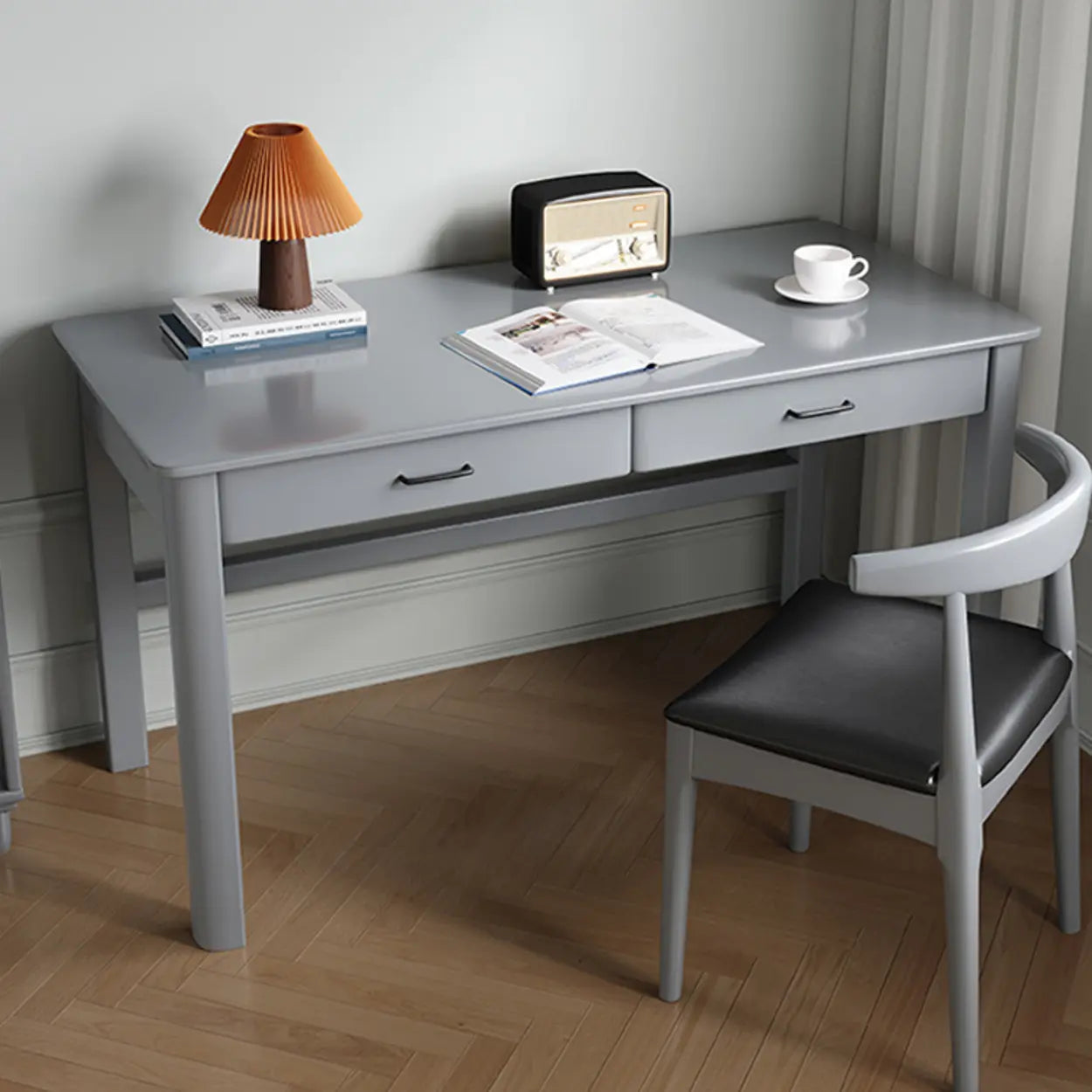 Natural Wood Computer Desk with Drawers — Natural Finish / Without Chairs