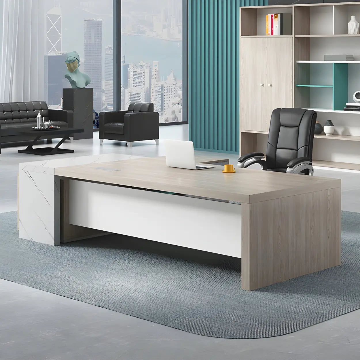 Natural Wood Shelf Drawer L-Shape Computer Desk — Right Hand Return / Table Only