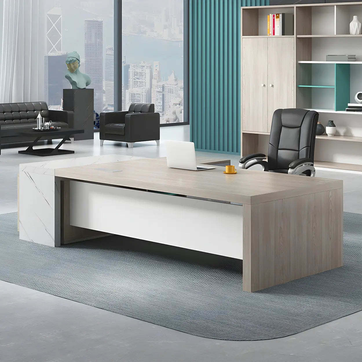 Natural Wood Shelf Drawer L-Shape Computer Desk — Right Hand Return / Table Only