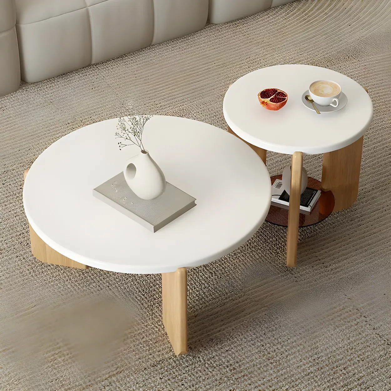 Natural Wood Three-Leg Round Coffee Table Set — Manufactured Wood