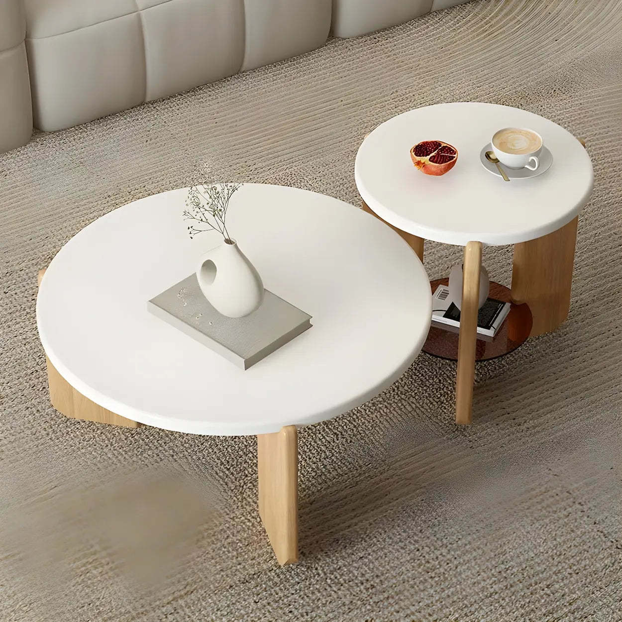 Natural Wood Three-Leg Round Coffee Table Set — Manufactured Wood