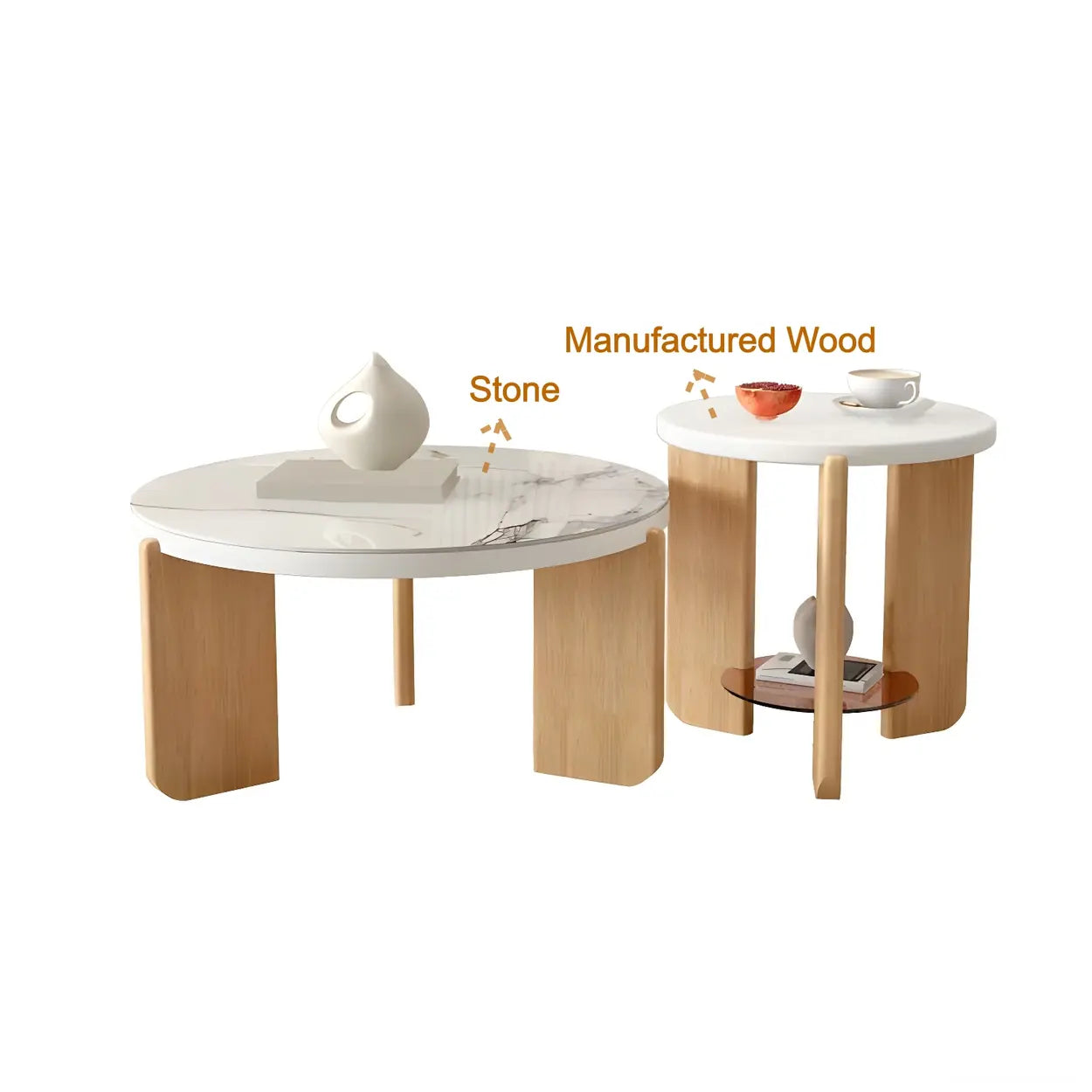 Natural Wood Three-Leg Round Coffee Table Set — Manufactured Wood