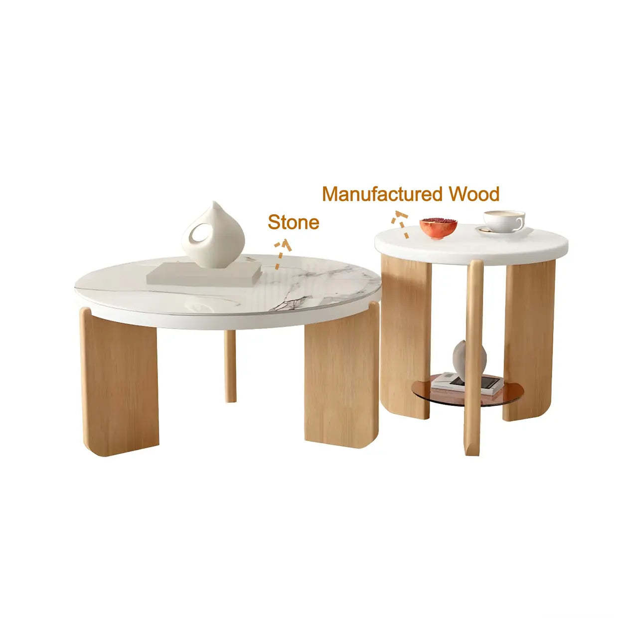Natural Wood Three-Leg Round Coffee Table Set — Manufactured Wood
