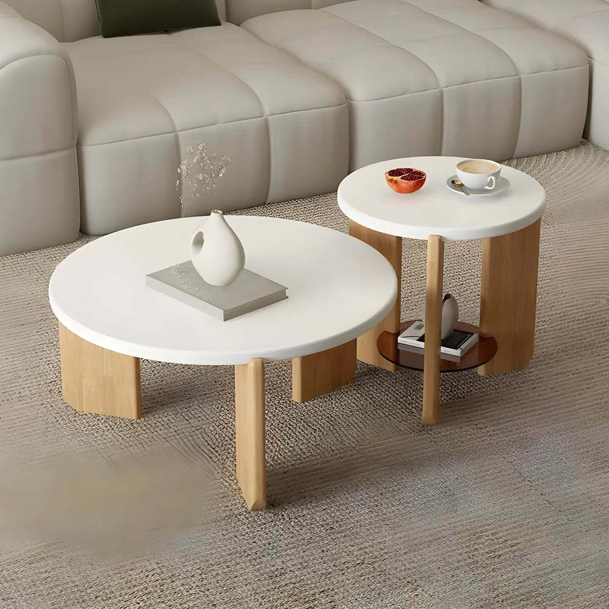 Natural Wood Three-Leg Round Coffee Table Set — Stone