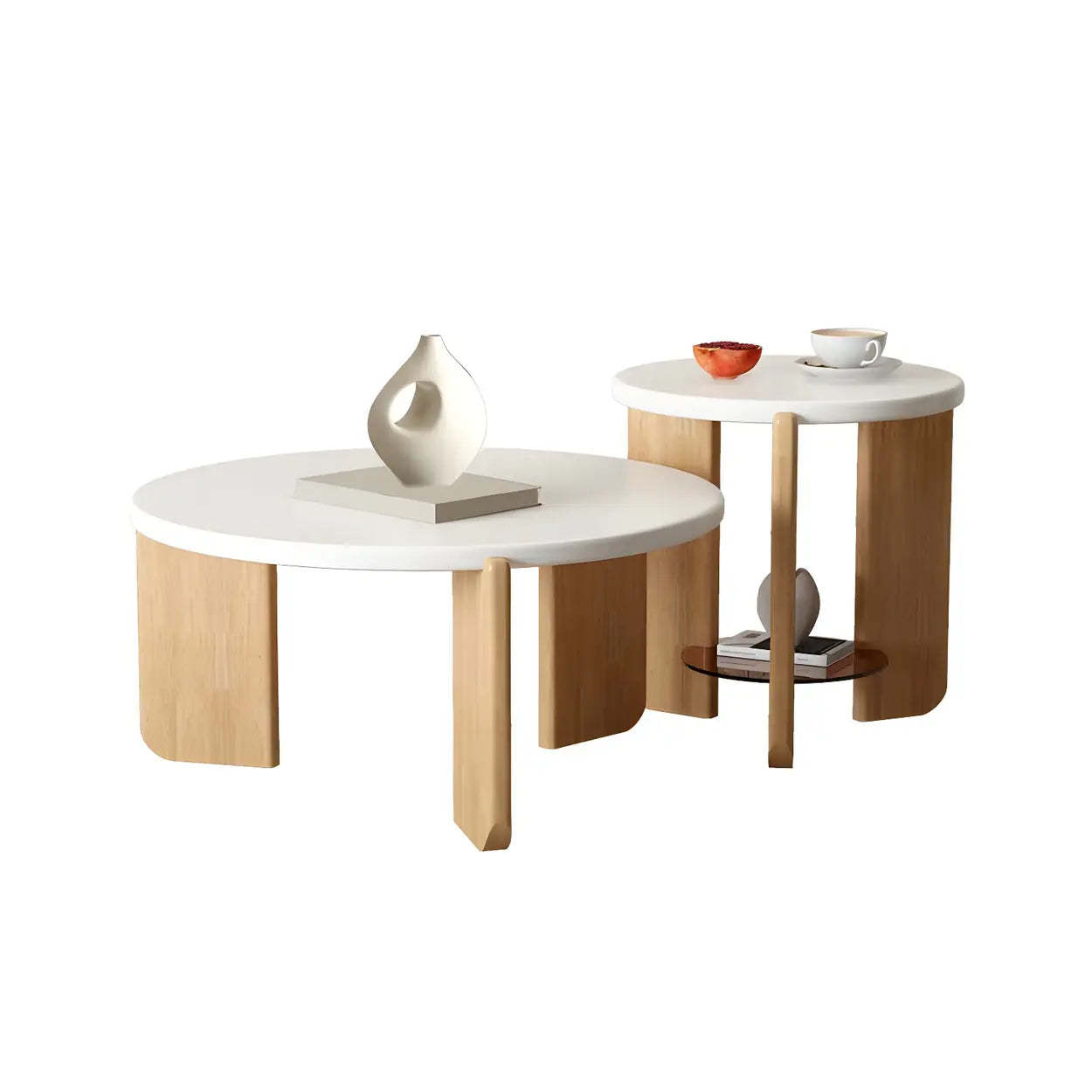 Natural Wood Three-Leg Round Coffee Table Set — Stone