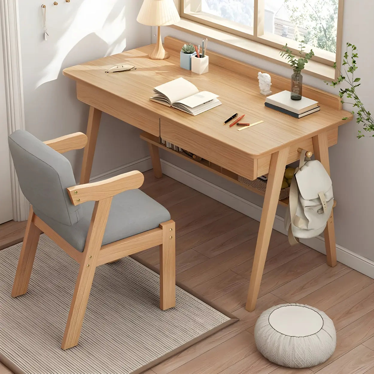 Natural Wood Trestle Writing Desk with 2 Drawers