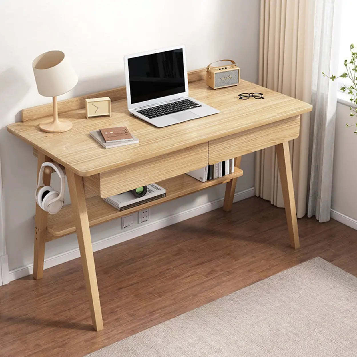 Natural Wood Trestle Writing Desk with 2 Drawers — Shelf Not Included / Without Chairs