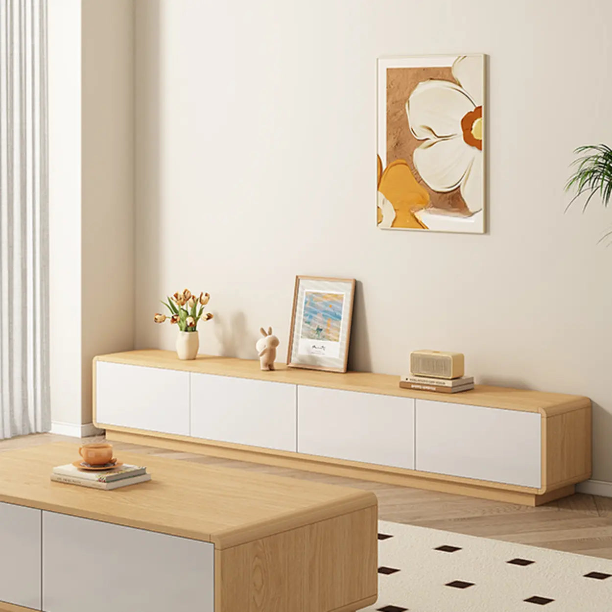 Natural Wood Rectangle TV Stand with Drawers