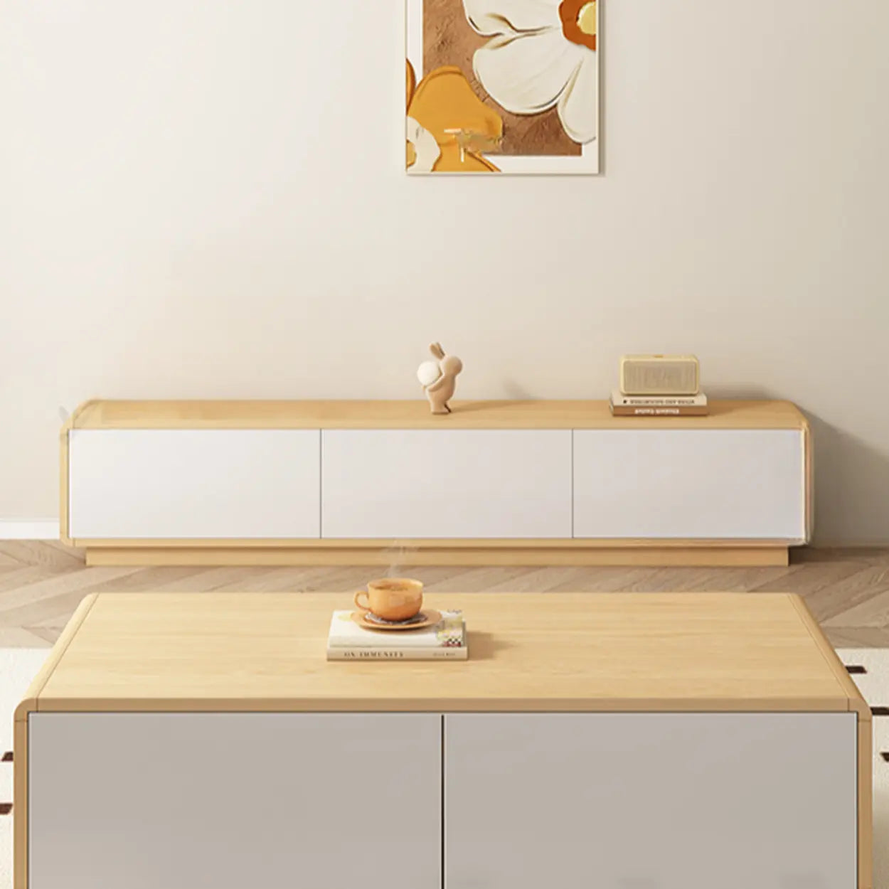 Natural Wood Rectangle TV Stand with Drawers