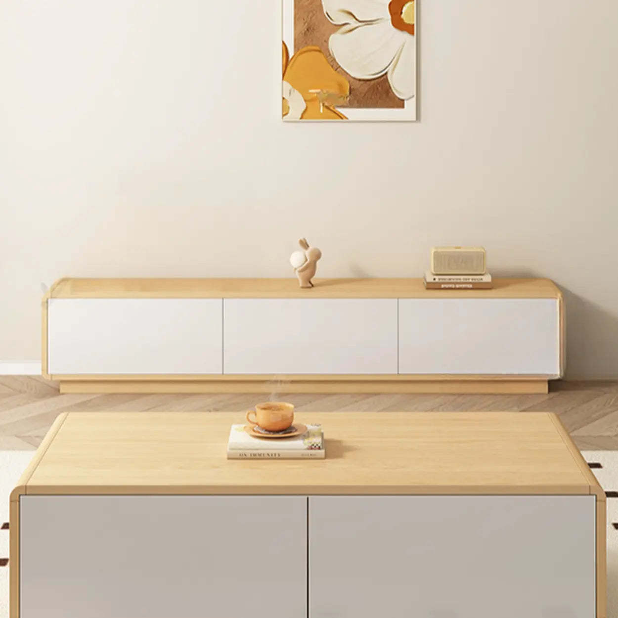 Natural Wood Rectangle TV Stand with Drawers