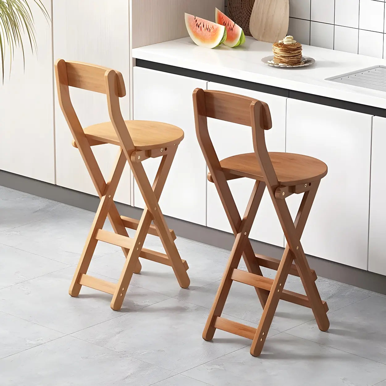 Foldable Round Wood Armless Bar Stool — Tan