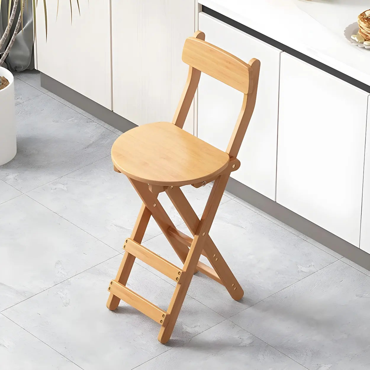 Foldable Round Wood Armless Bar Stool — Natural