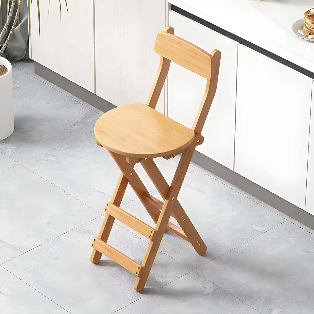 Foldable Round Wood Armless Bar Stool — Natural