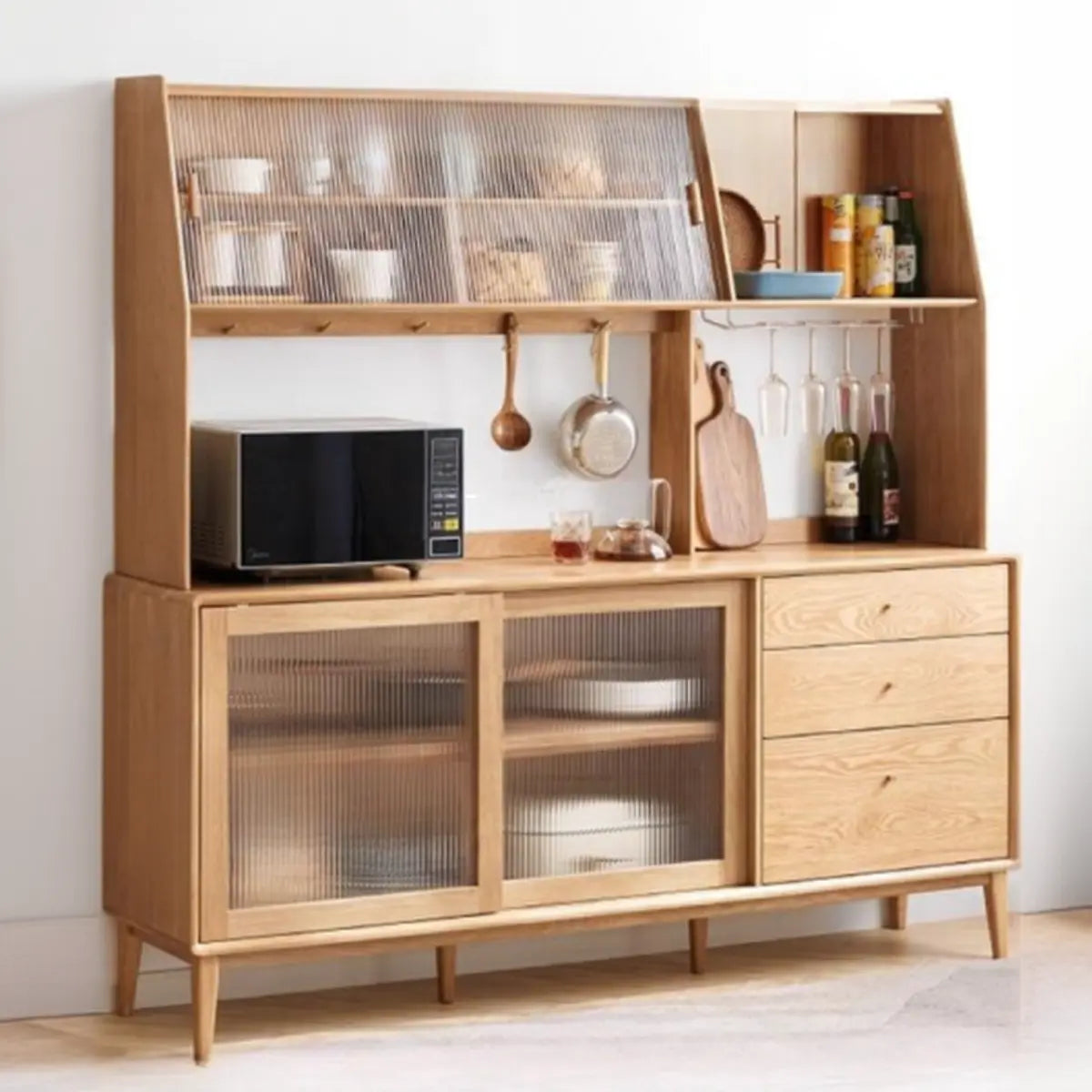 Natural Oak Sliding Door Open Sideboard with Drawers