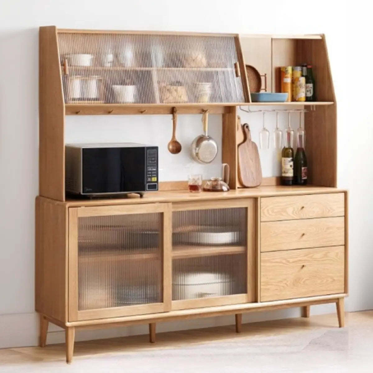 Natural Oak Sliding Door Open Sideboard with Drawers