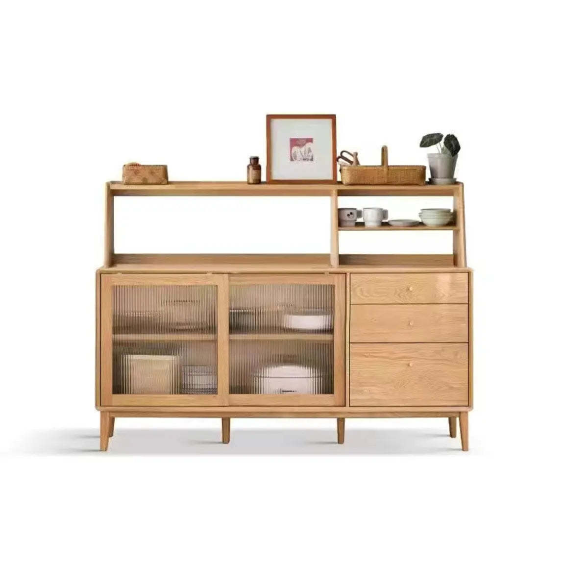 Natural Oak Sliding Door Open Sideboard with Drawers