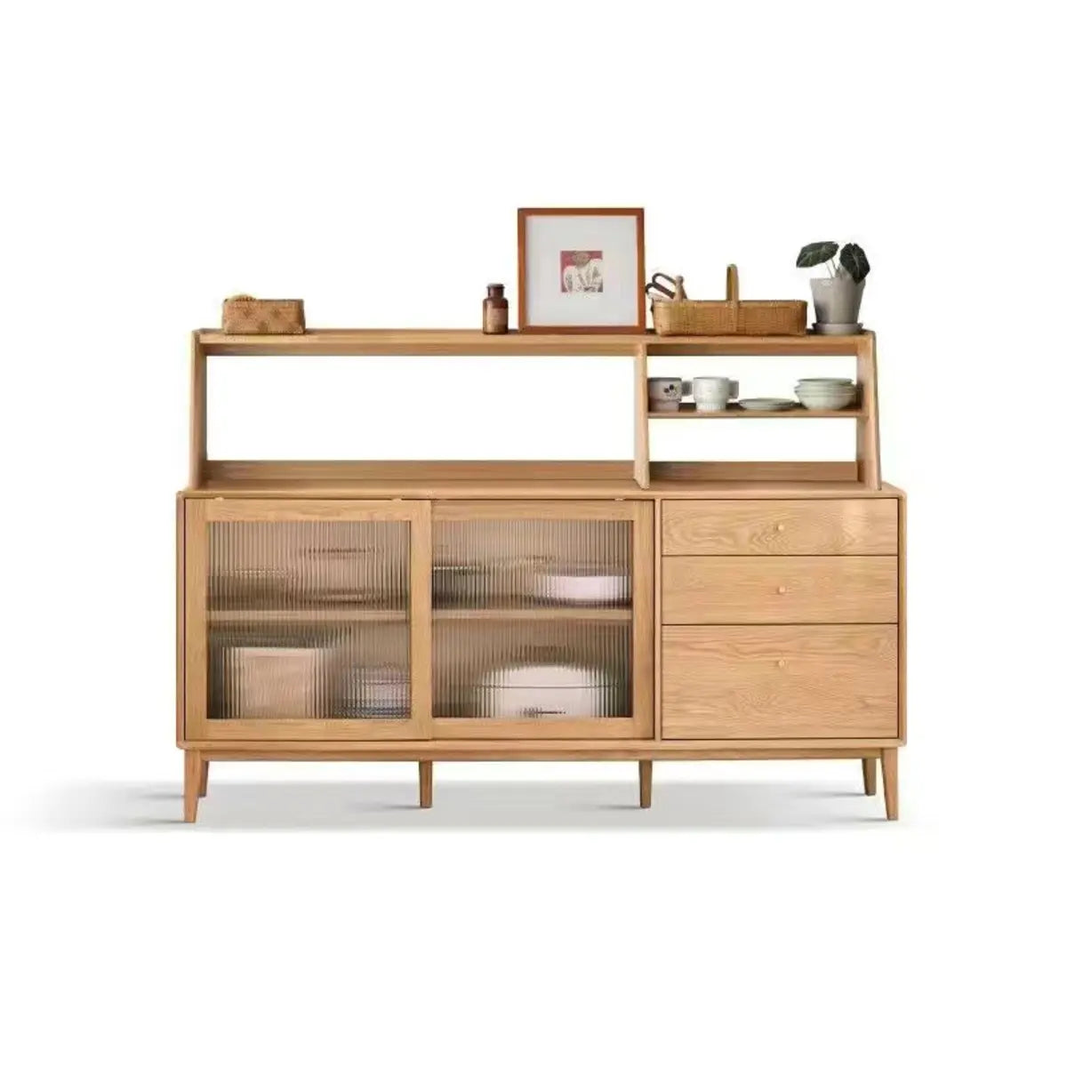 Natural Oak Sliding Door Open Sideboard with Drawers