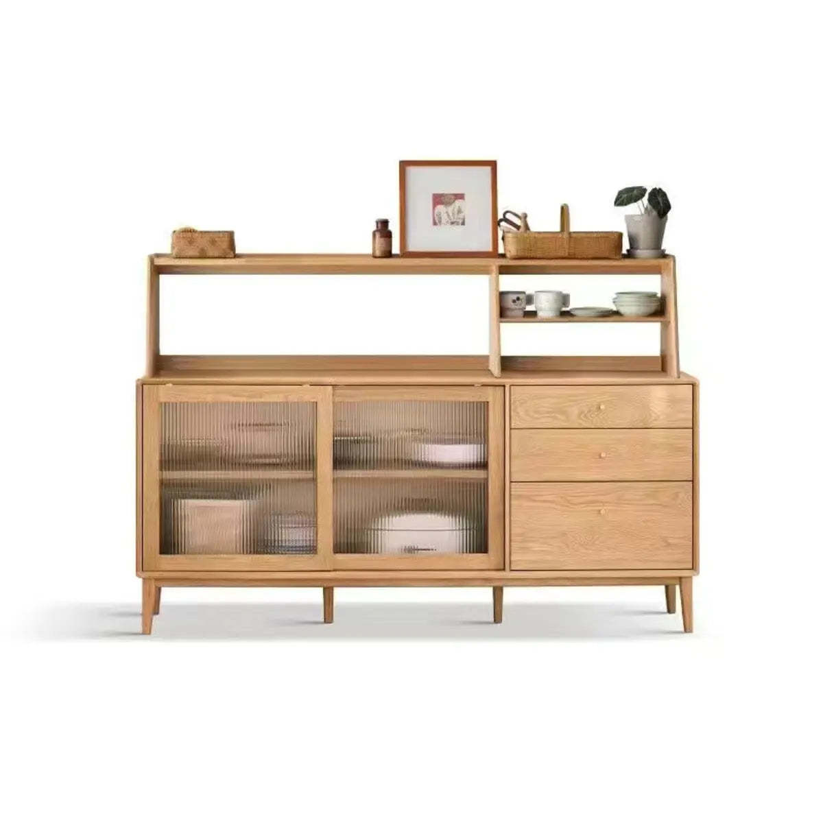 Natural Oak Sliding Door Open Sideboard with Drawers