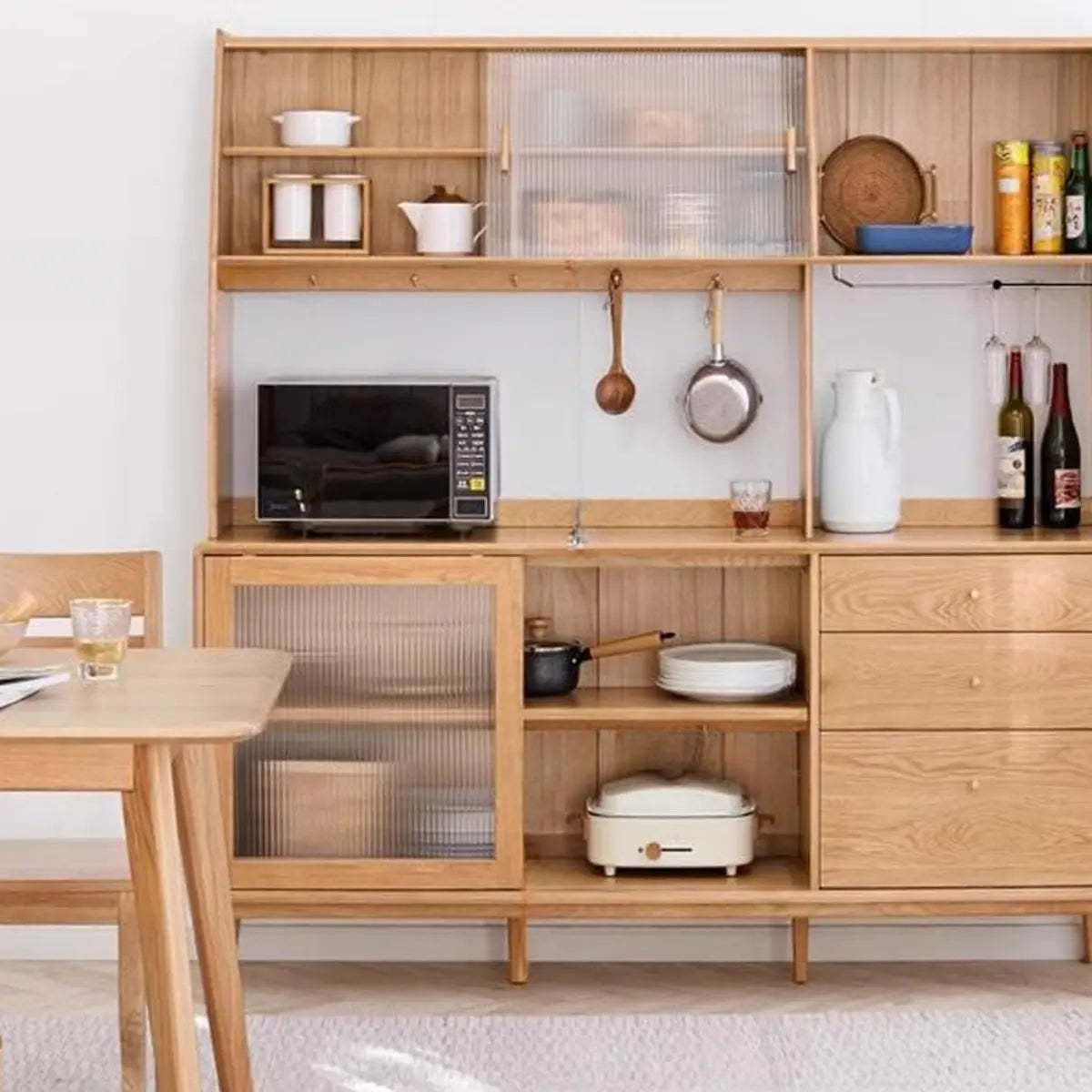 Natural Oak Sliding Door Open Sideboard with Drawers