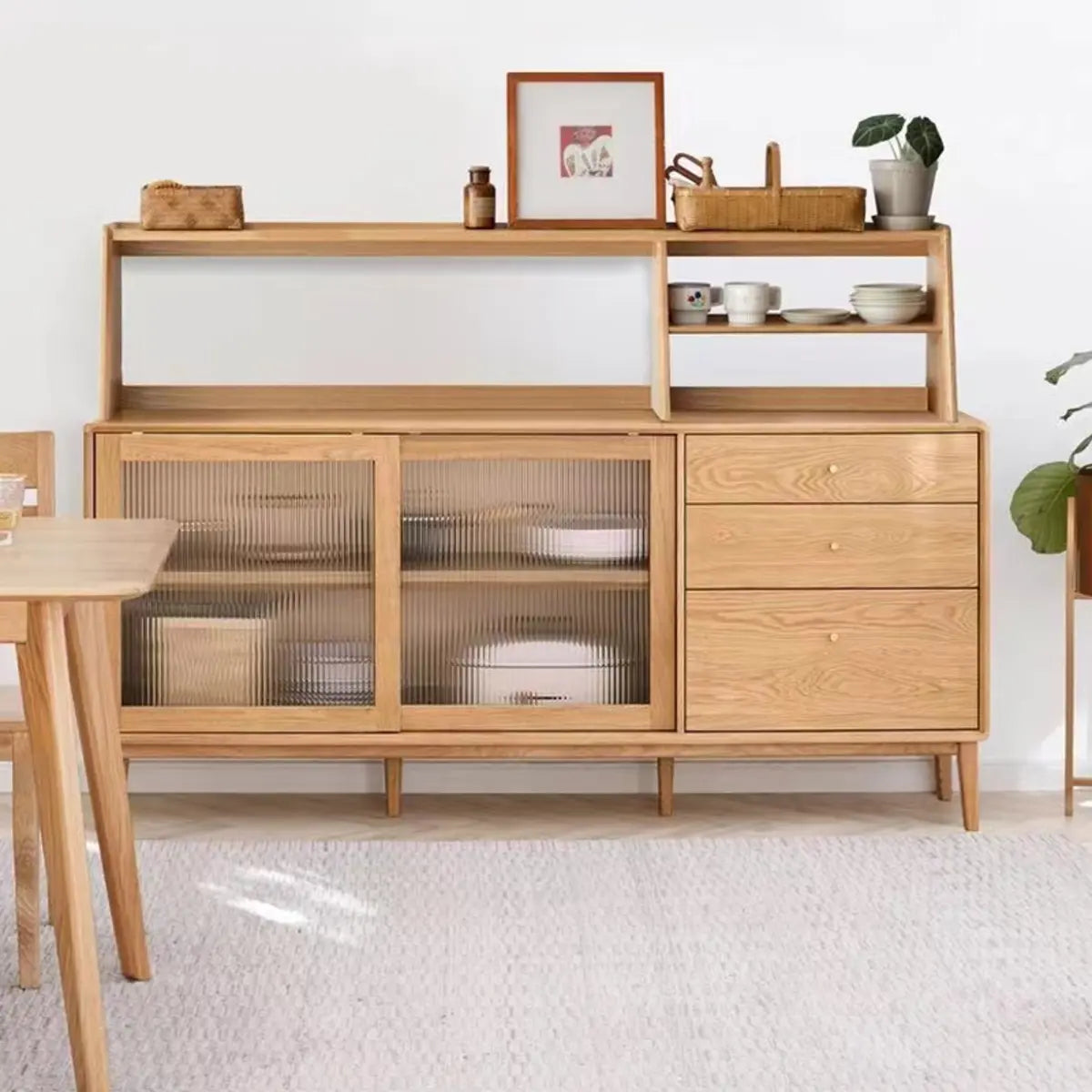 Natural Oak Sliding Door Open Sideboard with Drawers
